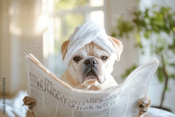 Fototapeta dog in towel on head resting and reading newspaper, in bedroom, early in the morning
