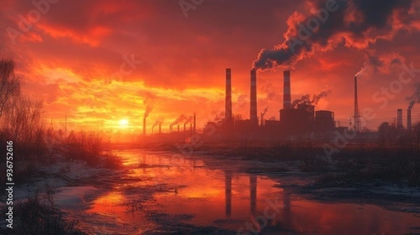 Fototapeta Industrial factory at sunset with pollution - generative ai