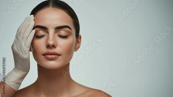 Fototapeta Cosmetic surgeon examining female client in office. Doctor checking woman's face, the eyelid before plastic surgery, blepharoplasty. Surgeon or beautician hands touching woman face. Rhinoplasty