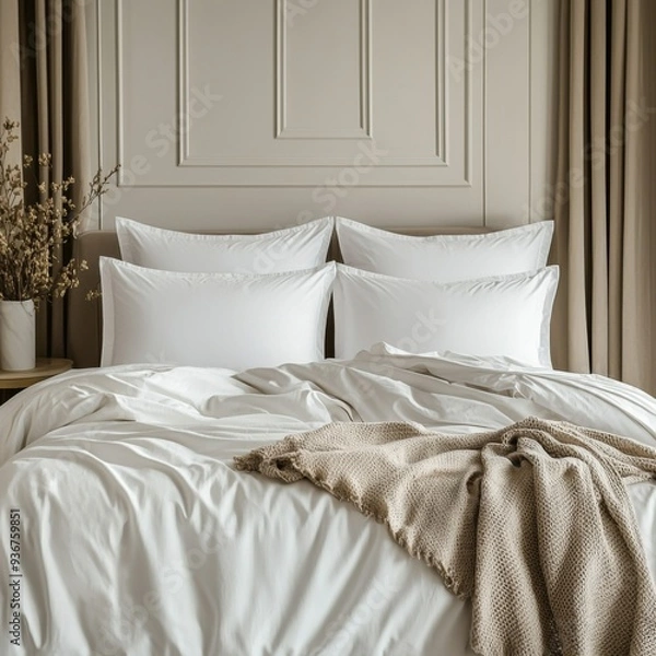Fototapeta Classic bed with pillow and throw created with generated ai