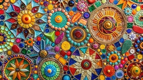 Fototapeta Vibrant abstract mosaic artwork featuring intricate patterns of colorful tesserae, shimmering glass pieces, and textured fragments, evoking a sense of dynamic energy and creativity.