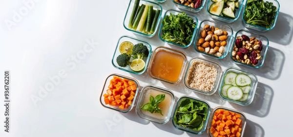 Obraz Lunch boxes arranged on a white background, with healthy foods for the Fasting Mimicking Diet FMD. The lunch boxes contain a variety of low-calorie ingredients. Sunlight. Concepts of healthy eat