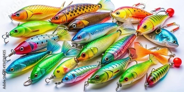 Fototapeta Vibrant assortment of silicone fishing lures with weighty plummets attached, featuring bright colors, intricate details, and realistic textures, ready for an underwater adventure.
