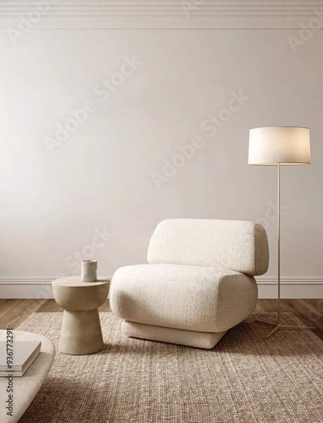 Fototapeta Modern minimalist living room with a textured beige armchair, brass floor lamp and elegant side table, 3d rendering