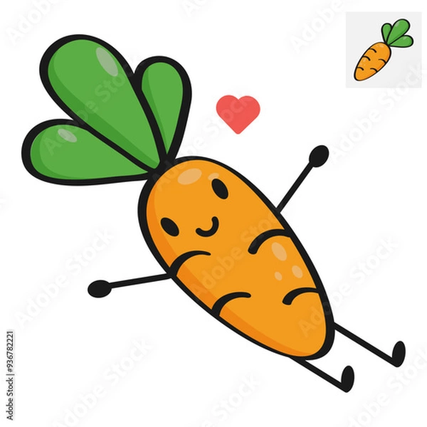 Fototapeta Flat vector illustration of a carrot on a white background. A happy carrot with a heart.