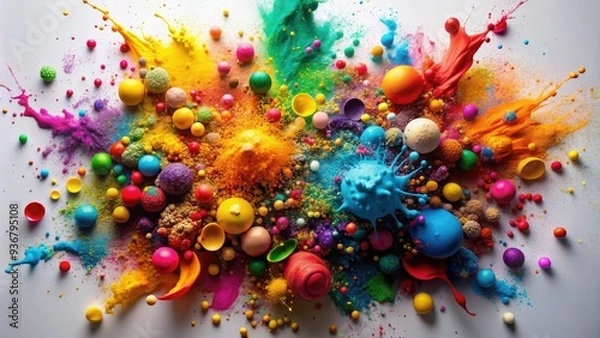 Obraz Vibrant colors of paint splattered against a white background, creating a dynamic and abstract composition with textures, shapes, and patterns, perfect for creative designs.
