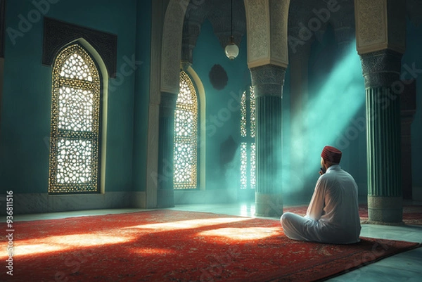 Fototapeta pious muslim man prays in mosque, generative AI