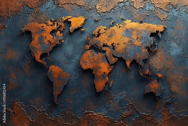 Obraz Abstract representation of a world map with a textured, rusty finish. Ideal for contemporary interiors, art projects, and global-themed designs.