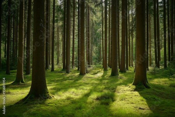 Fototapeta beautiful green forest on a beautiful sunny day, generative AI