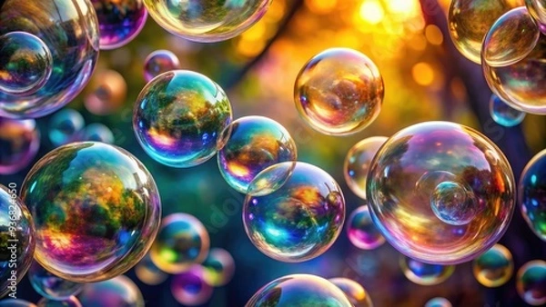 Fototapeta Vibrant iridescent soap bubbles suspended in mid-air, showcasing intricate swirling patterns and mesmerizing textured surfaces with soft, dreamy lighting and subtle background blur.