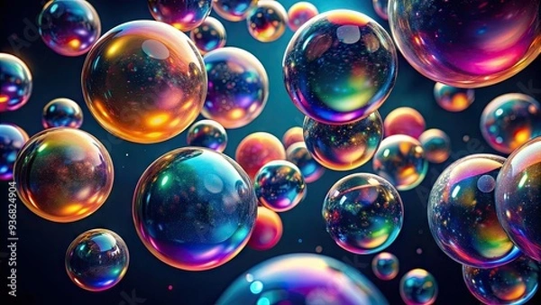 Fototapeta Vibrant, iridescent spheres suspend in mid-air, effervescent and glowing, against a dark background, creating a mesmerizing, dreamlike atmosphere of weightless freedom and joy.
