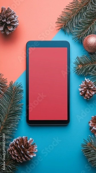 Fototapeta Smartphone with blank screen surrounded by festive pine branches, pinecones, and ornament on coral and turquoise background, perfect for holiday mockup.