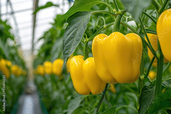 Obraz Yellow Bell Peppers growing in a greenhouse hydroponics farm.