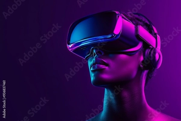 Obraz Stylized vector of a man in a VR headset bathed in vibrant purple and pink lighting representing the futuristic and dynamic experience of digital reality