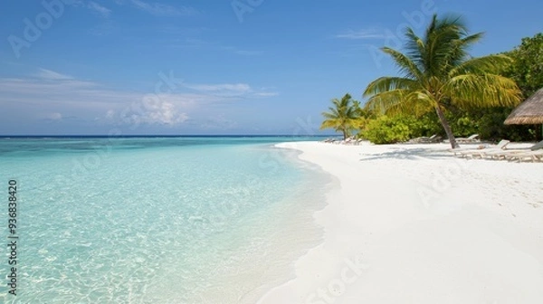 Fototapeta A beautiful beach with a clear blue ocean and palm trees