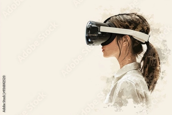 Fototapeta A woman wearing a sleek VR headset experiences an abstract digital landscape blending soft textures and neutral tones to create a serene and minimalist virtual reality environment