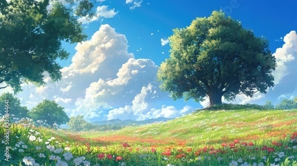 Fototapeta A lush green field of wildflowers with a large tree in the foreground and a blue sky with fluffy clouds above.