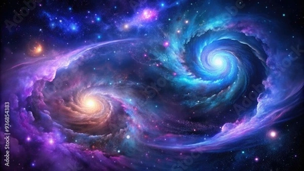 Fototapeta Vibrant purple and blue galaxy swirls amidst twinkling stars, nebulas, and cosmic dust, set against a stunning black space background with subtle texture and depth.