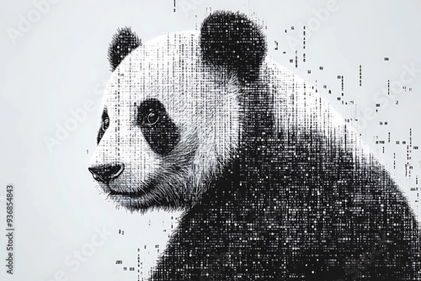 Obraz  panda silhouette, rendered in a binary code pattern with a white background, blending nature with technology.
