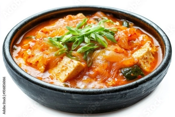 Fototapeta Kimchi Jjigae , A stew made with kimchi, tofu, pork, and various vegetables, often seasoned with gochujang or doenjang (fermented soybean paste). Isolated on White Background
