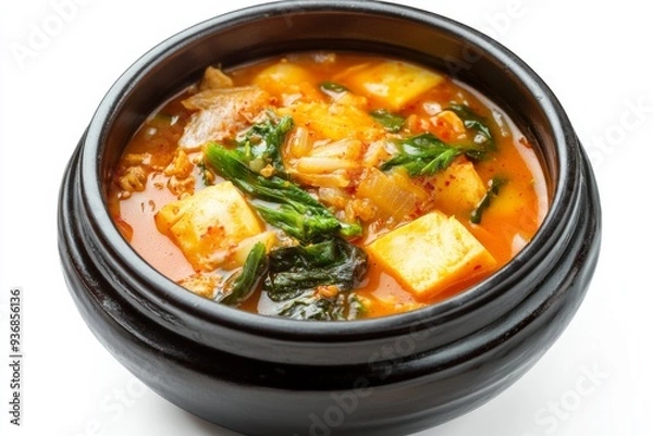 Fototapeta Kimchi Jjigae, A stew made with kimchi, tofu, pork, and various vegetables, often seasoned with gochujang or doenjang (fermented soybean paste). isolated on white background