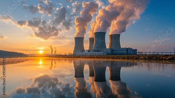 Obraz A stunning view of cooling towers emitting steam under a colorful sunset, reflecting in calm waters. Captures industrial beauty and environmental themes.
