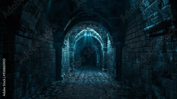 Fototapeta Ancient stone walls create a haunting ambiance in the deserted castle cave, where shadows dance in the flickering light as dusk sets in. The eerie silence invites exploration