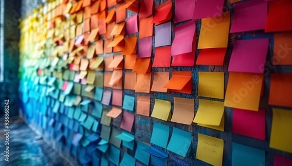 Fototapeta A vibrant wall covered with colorful sticky notes, representing creativity and brainstorming in a modern office environment.