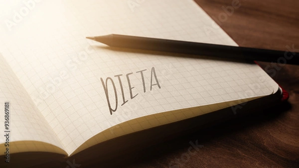 Fototapeta A handwritten inscription "DIETA" on a grille of an open notebook on a wooden countertop, next to a black pencil, lighting of light. (selective focus), translation: Diet