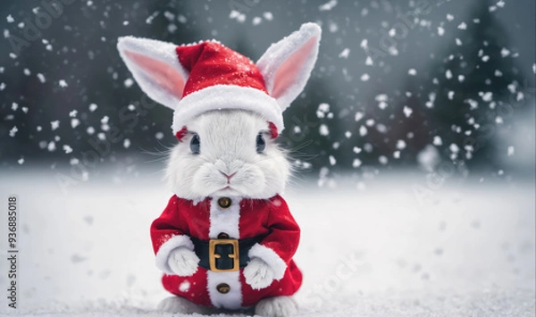 Fototapeta A white rabbit wearing a Santa suit stands in the snow during a snowfall