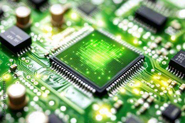 Fototapeta Close up of a glowing green microchip on a black circuit board symbolizing the power and innovation of modern computing hardware