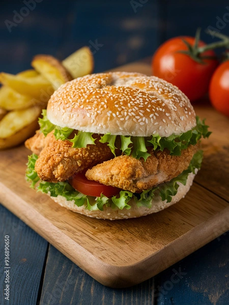 Obraz Crispy chicken sandwich with lettuce and tomato on rustic wooden board
