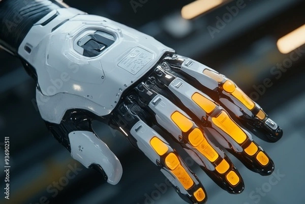 Fototapeta Robotic hand with a sleek design holding a pill representing the intersection of robotics and medicine in modern healthcare