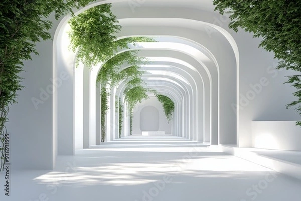Fototapeta Futuristic White Corridor with Plants Depicting the Intersection of Nature and Technology in Modern Design