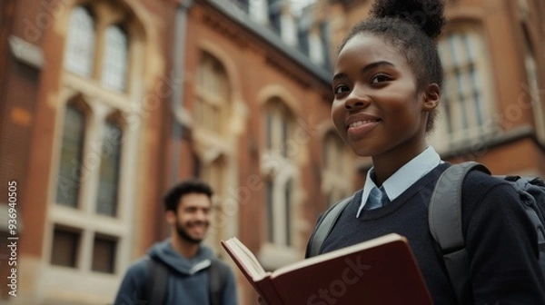 Obraz In front of the historic building, African-American college students hold books and look at the camera with calm and confident eyes, showing their longing for campus life and thirst for knowledge.
