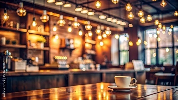 Fototapeta Blurred background of a cozy coffee bar with bokeh lights