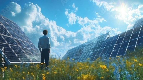 Fototapeta Man Admiring Solar Panels in a Field of Flowers