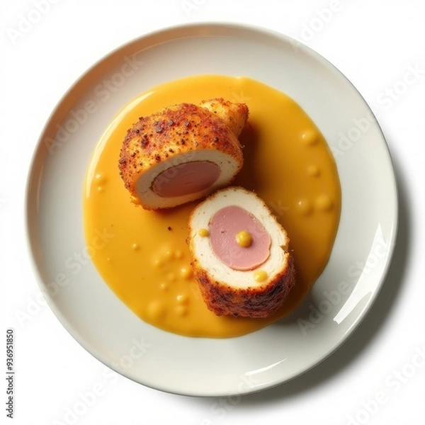 Fototapeta Crispy breaded chicken with ham and creamy sauce, served on a minimalist plate. Perfect for food blogs, menus, or culinary marketing.