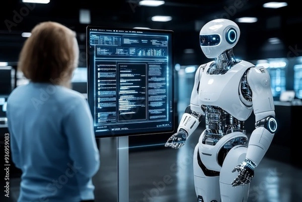 Fototapeta Humanoid robot and a woman collaborating on a high tech project in a futuristic lab symbolizing the seamless partnership between humans and AI