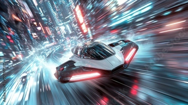 Fototapeta Futuristic Car Speeding Through City at Night