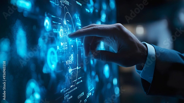 Fototapeta Businessman Touching Digital Interface Screen Modern Technology Data