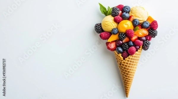 Fototapeta A colorful ice cream cone topped with various fresh fruits.