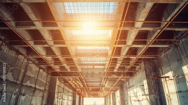 Fototapeta Temporary support for concrete ceilings utilizing wire mesh and reinforcement for seismic stability.