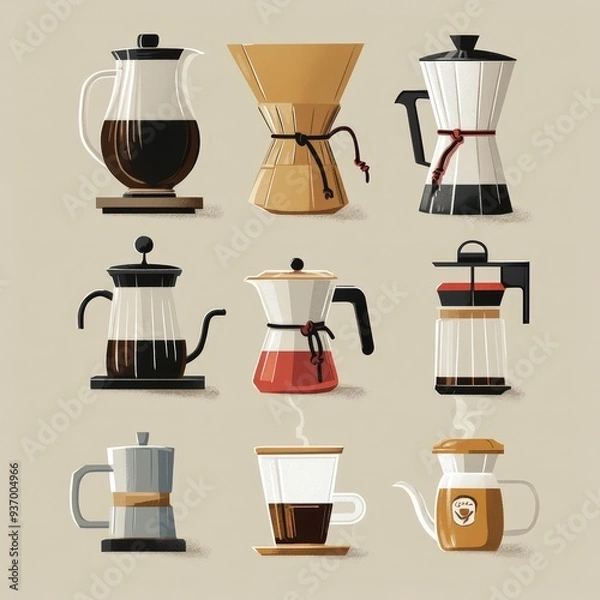 Fototapeta A Flavorful Journey: Diverse Coffee Brewing Methods and Utensils Illustrated Set