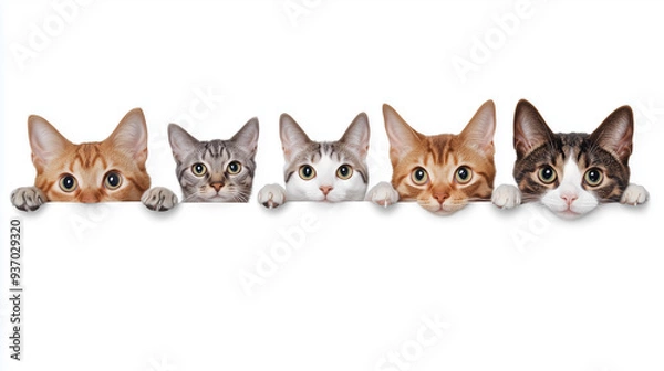 Obraz Cats and dogs peeking over white web banner.