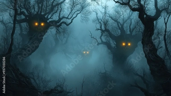Fototapeta Spooky Forest with Glowing Eyes in the Fog at Night.
