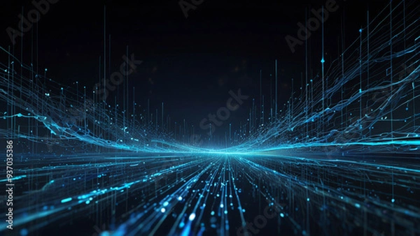 Obraz Abstract blue tech background with digital waves cyber quantum computing and electronic global intelligence