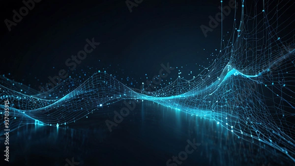 Obraz Abstract blue tech background with digital waves cyber quantum computing and electronic global intelligence