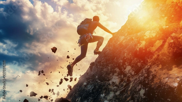 Fototapeta Strong man climbing vertical mountain with dramatic sunset light. Some rocks and dirts falling. Hard and difficult situation concept.