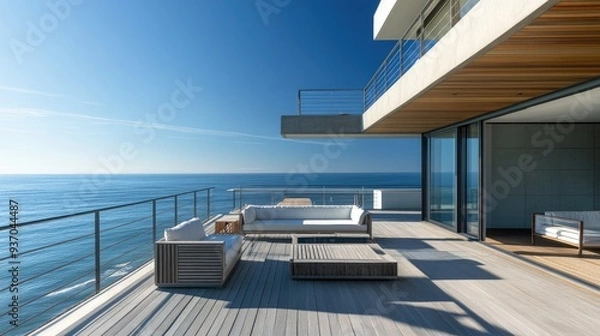 Fototapeta A modern beach house with a spacious deck and ocean views, offering a serene setting with ample copy space.